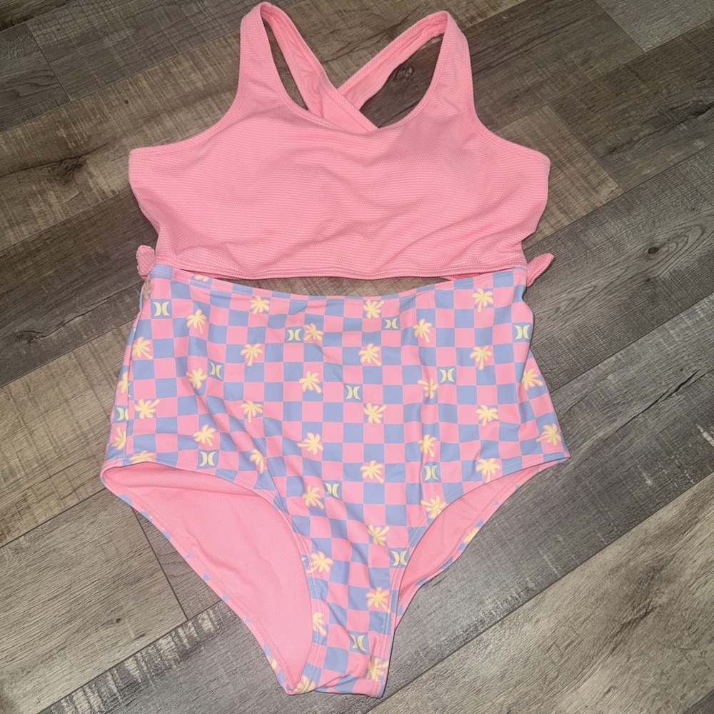 Hurley Girls One Piece Open Mid Drift Pink Checkered Swimsuit XL 14/16‎